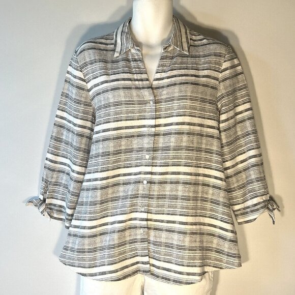 Anne Klein SZL Gray & White stripe linen Shirt Shacket Old Money Quiet Luxury - Picture 2 of 10